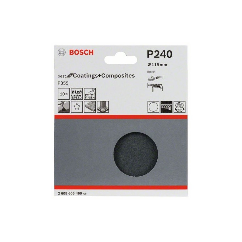 Juego de 10 hojas de lija Bosch Best for Coatings and Composites F355 Grano 115 Ø115mm.