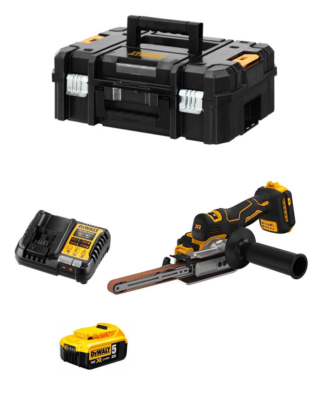 Lijadora de banda DeWALT DCM200P1T (1 x 5,0 Ah + DCB1104 + TSTAK II)