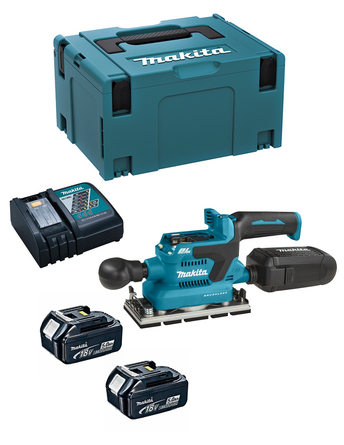 Lijadora Orbital MAKITA DBO380RTJ (2 x 5,0 Ah + DC18RC + MAKPAC 3)