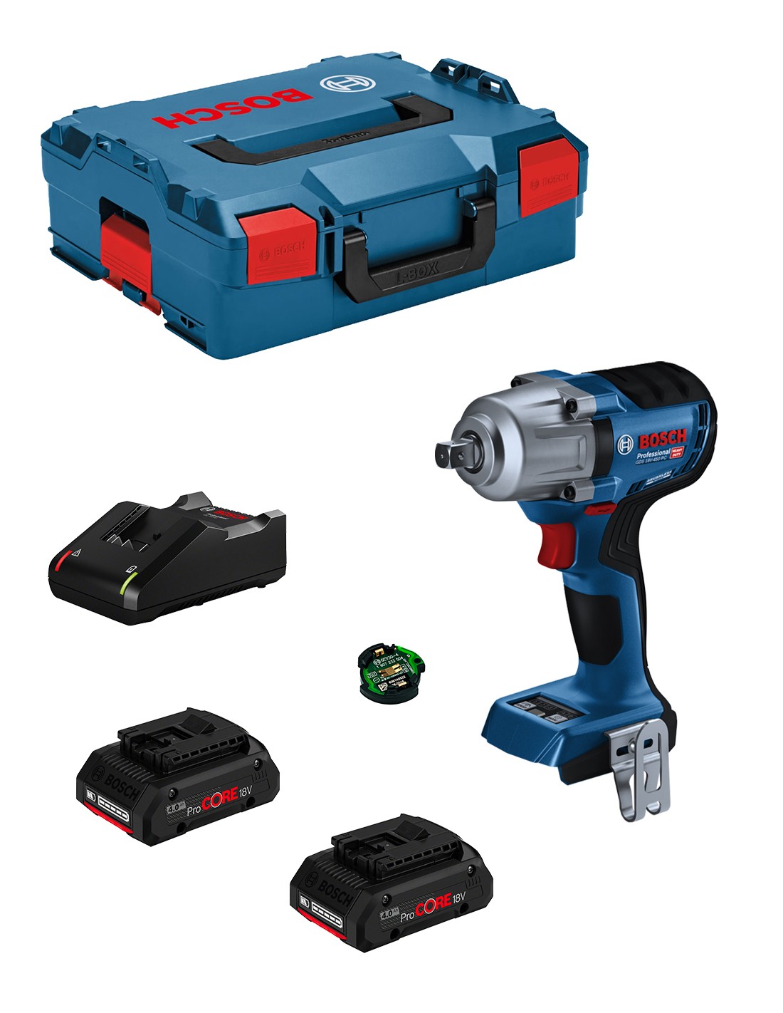 Llave de Impacto BOSCH GDS 18V-450 PC (2 x 4,0 Ah ProCORE + GAL18V40 + L-Boxx 136 + módulo Bluetooth)