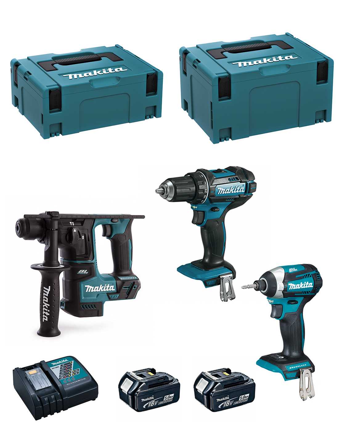 MAKITA Kit 18V MSL3P2 (DHR171 + DDF482 + DTD154 + 2 x 5,0 Ah + DC18RC + MAKPAC 2 + MAKPAC 3)