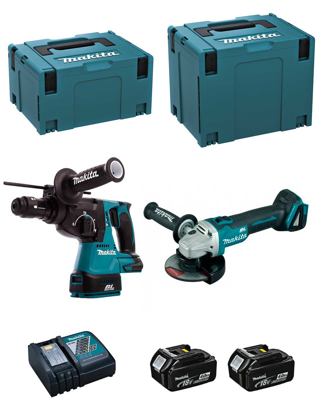 MAKITA Kit DLX2125MJ1 (DGA504 + DHR243 + 2 x 4,0 Ah + DC18RC + MAKPAC 3 + MAKPAC 4)