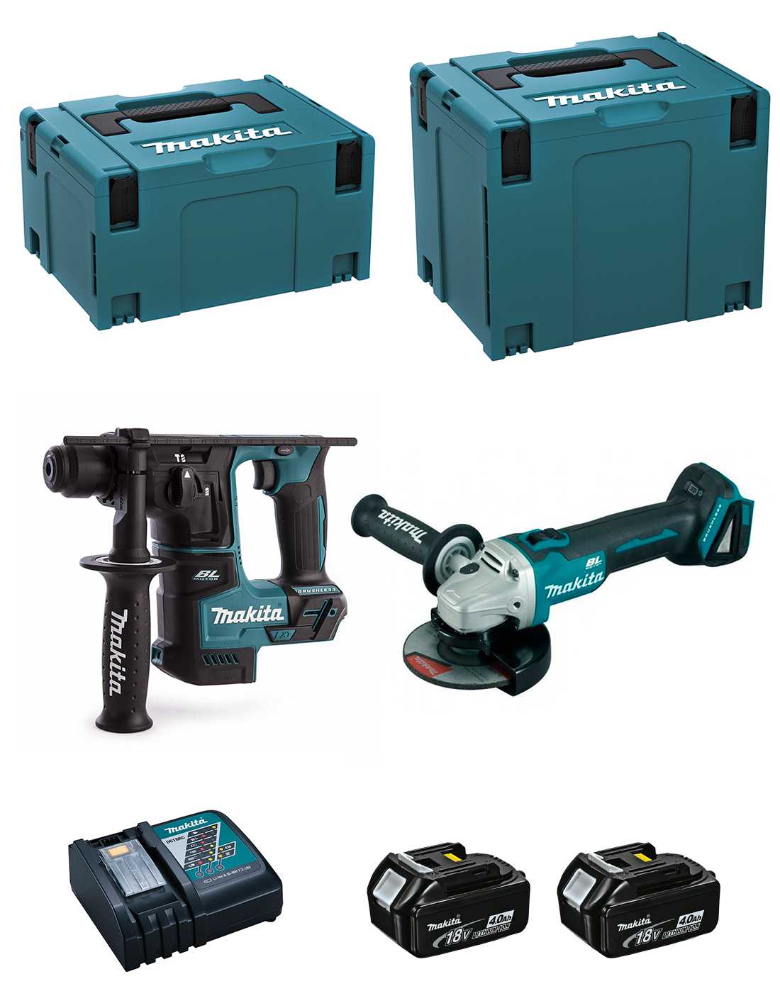 MAKITA Kit DLX2125MJ1B (DGA504 + DHR171 + 2 x 4,0 Ah + DC18RC + MAKPAC 3 + MAKPAC 4)