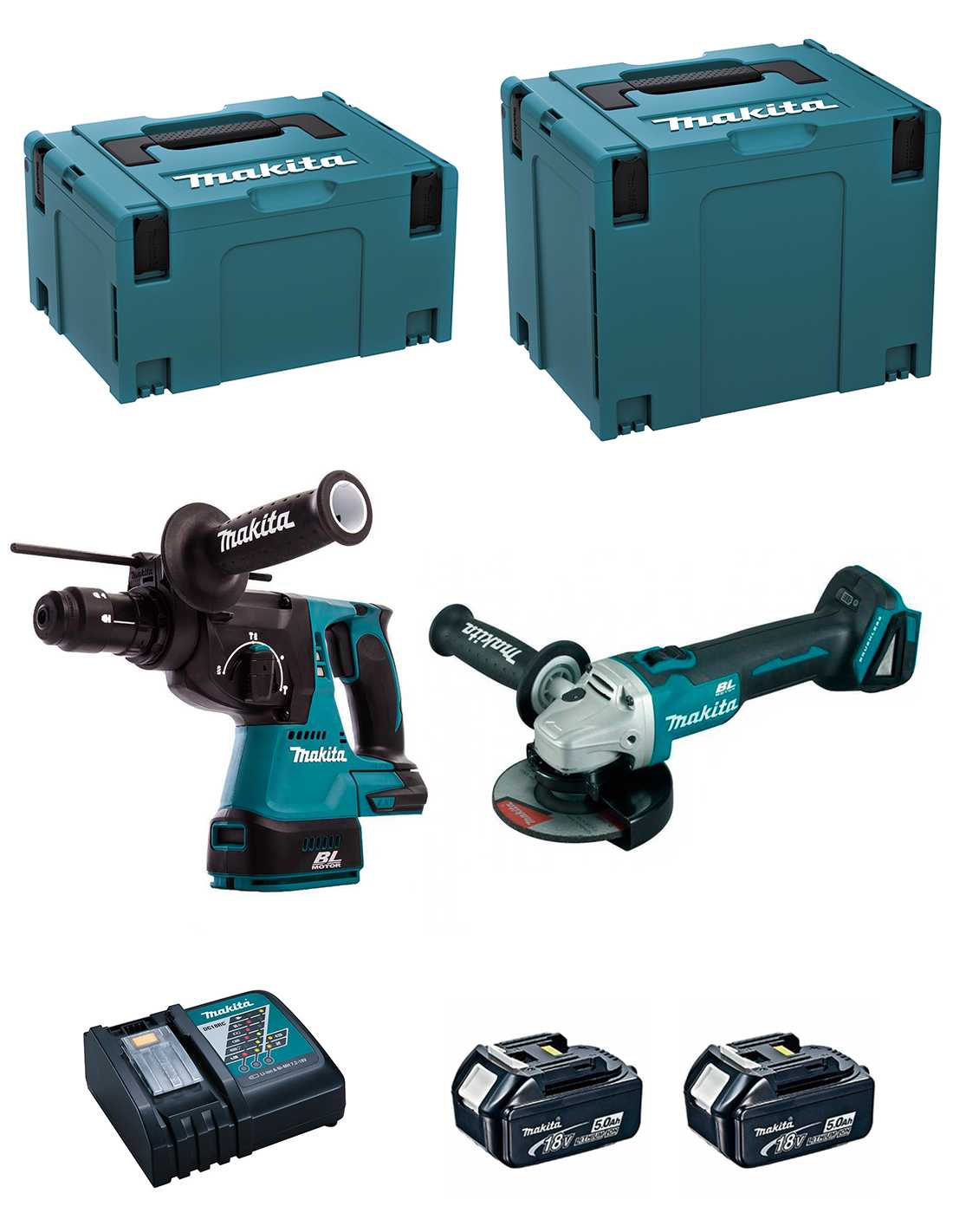 MAKITA Kit DLX2125TJ1 (DGA504 + DHR243 + 2 x 5,0 Ah + DC18RC + MAKPAC 3 + MAKPAC 4)