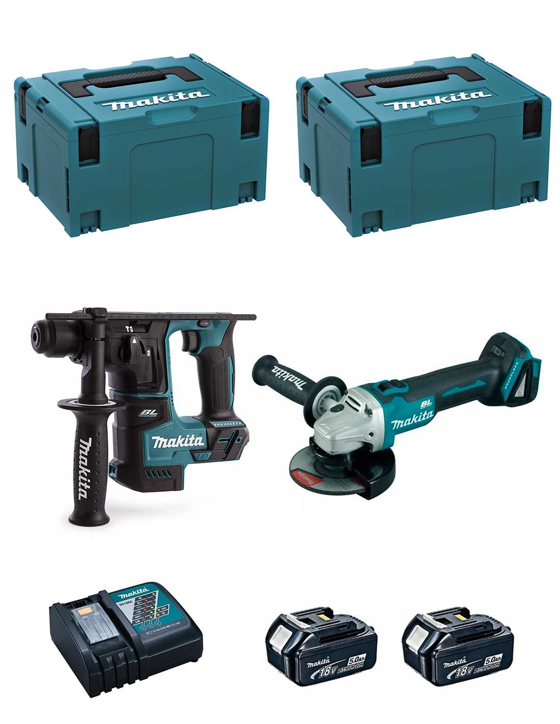 MAKITA Kit DLX2125TJ1B (DGA504 + DHR171 + 2 x 5,0 Ah + DC18RC + 2 x MAKPAC 3)