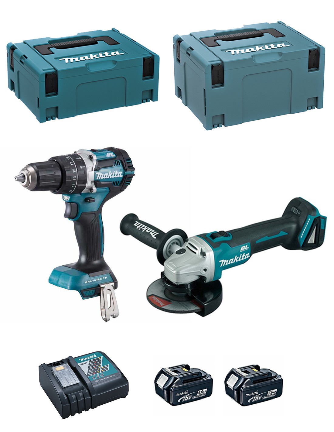 MAKITA Kit DLX2210TJ1 (DHP484 + DGA506 + 2 x 5,0 Ah + DC18RC + MAKPAC 2 + MAKPAC 3)