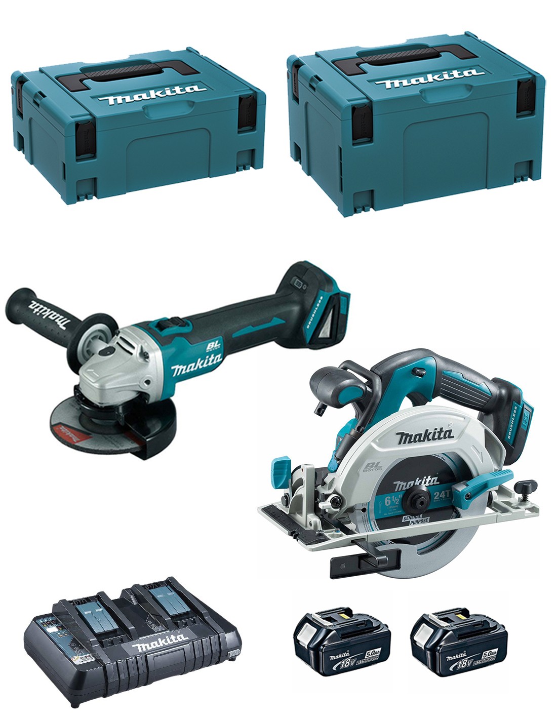 MAKITA Kit DLX2277PTJ (DHS680 + DGA506 + 2 x 5,0 Ah + DC18RD + MAKPAC 2 + MAKPAC 3)