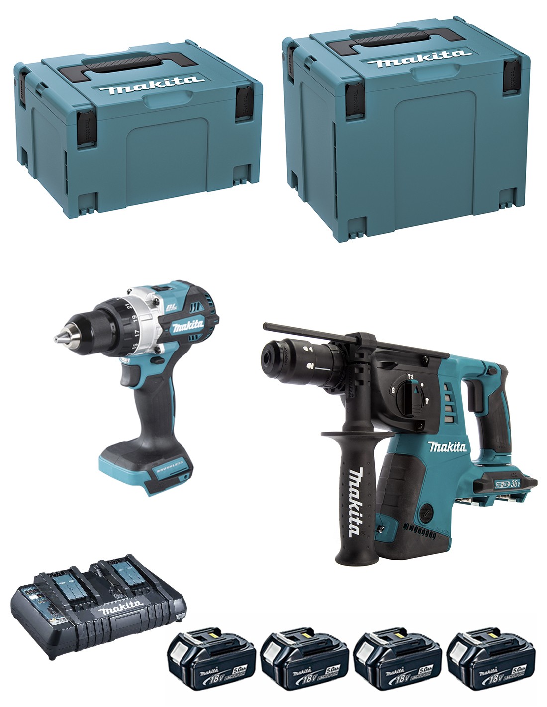 MAKITA Kit DLX2470PTJ (DHP486 + DHR264 + 4 x 5,0 Ah + DC18RD + MAKPAC 3 + MAKPAC 4)
