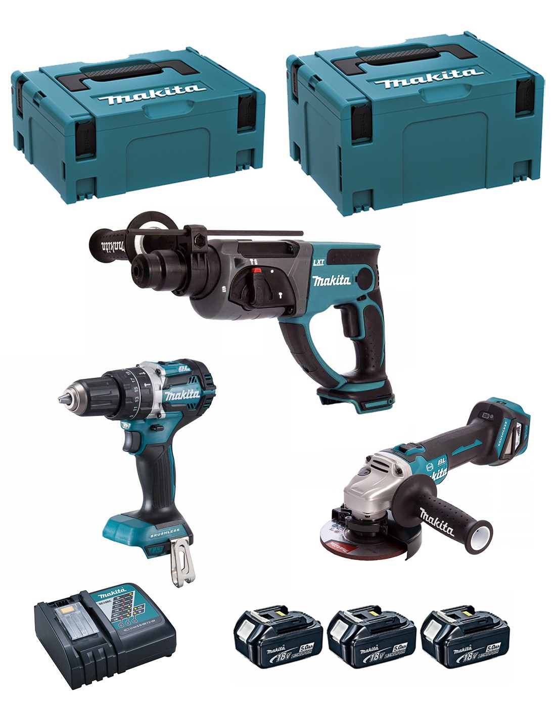 MAKITA Kit DLX3093TJ (DGA513 + DHP484 + DHR202 + 3 x 5,0 Ah + DC18RC + MAKPAC 2 + MAKPAC 3)