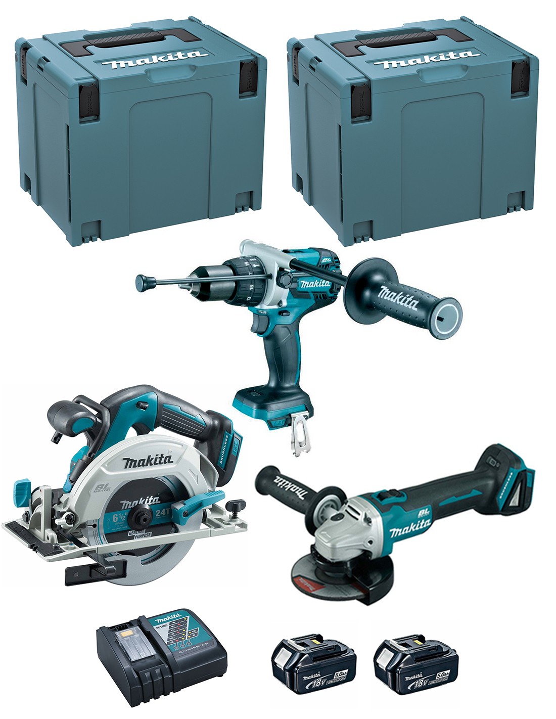 MAKITA Kit DLX3095PTJ (DHP481 + DGA506 + DHS680 + 2 x 5,0 Ah + DC18RC + 2 x MAKPAC 4)