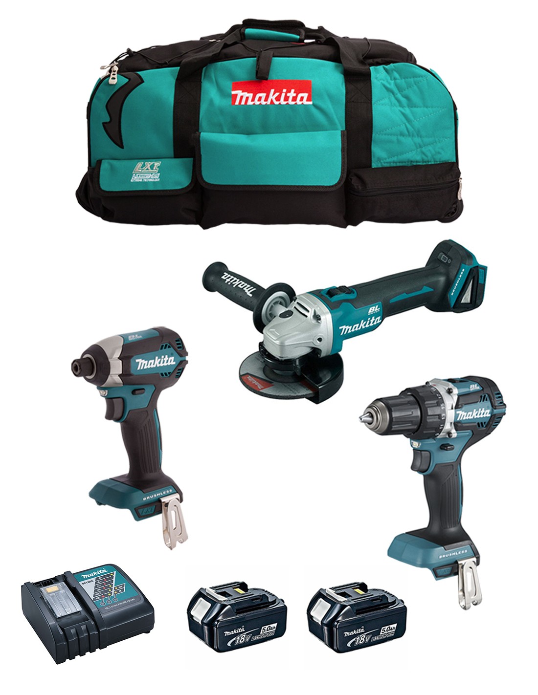 MAKITA Kit DLX3125TX1 (DDF484 + DTD153 + DGA506 + 2 x 5,0 Ah + DC18RC + Bolsa)