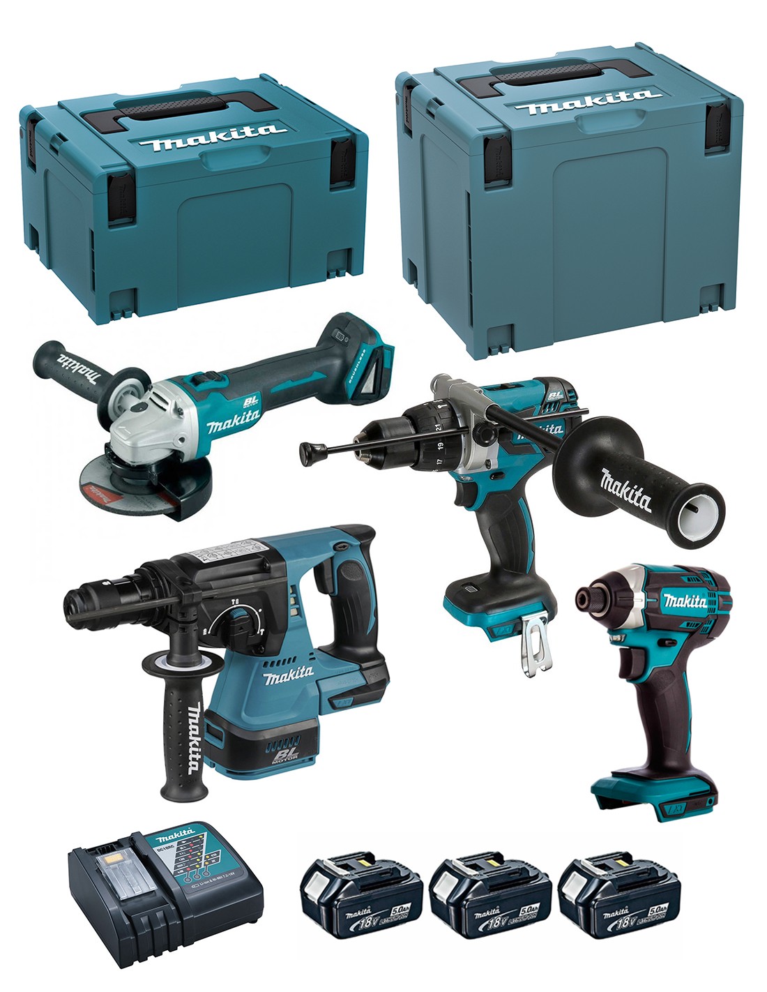 MAKITA Kit DLX4050TJ (DHP481 + DTD152 + DHR243 + DGA504 + 3 x 5,0 Ah + DC18RC + MAKPAC 3 + MAKPAC 4)