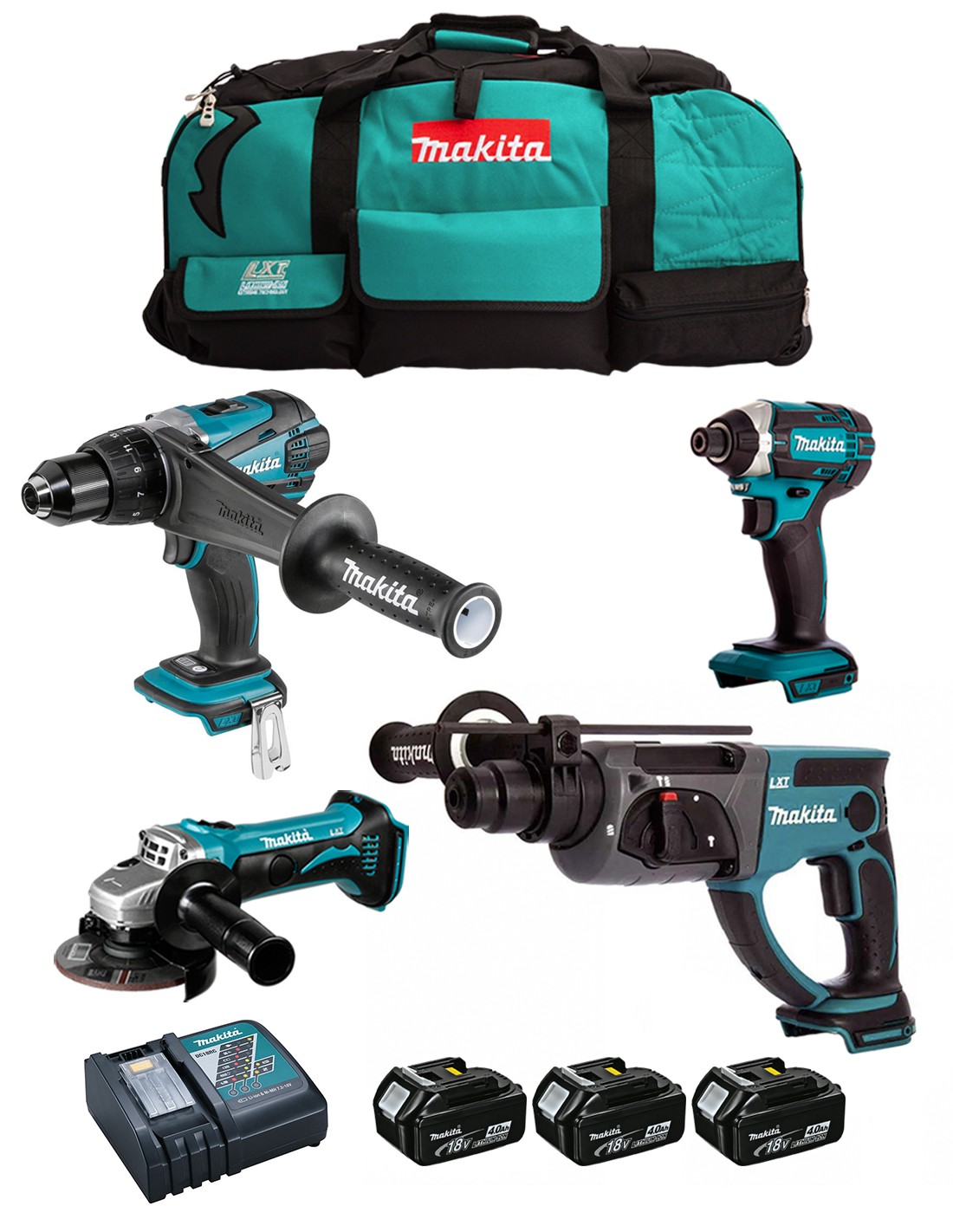 MAKITA Kit DLX4054MX1 (DDF458 + DTD152 + DHR202 + DGA452 + 3 x 4,0 Ah + DC18RC + LTX600)