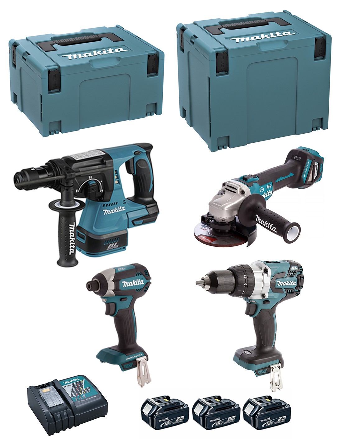 MAKITA Kit DLX4104TJ1 (DHP481 + DHR243 + DTD153 + DGA513 + 3 x 5,0 Ah + DC18RC + MAKPAC 3 + MAKPAC 4)