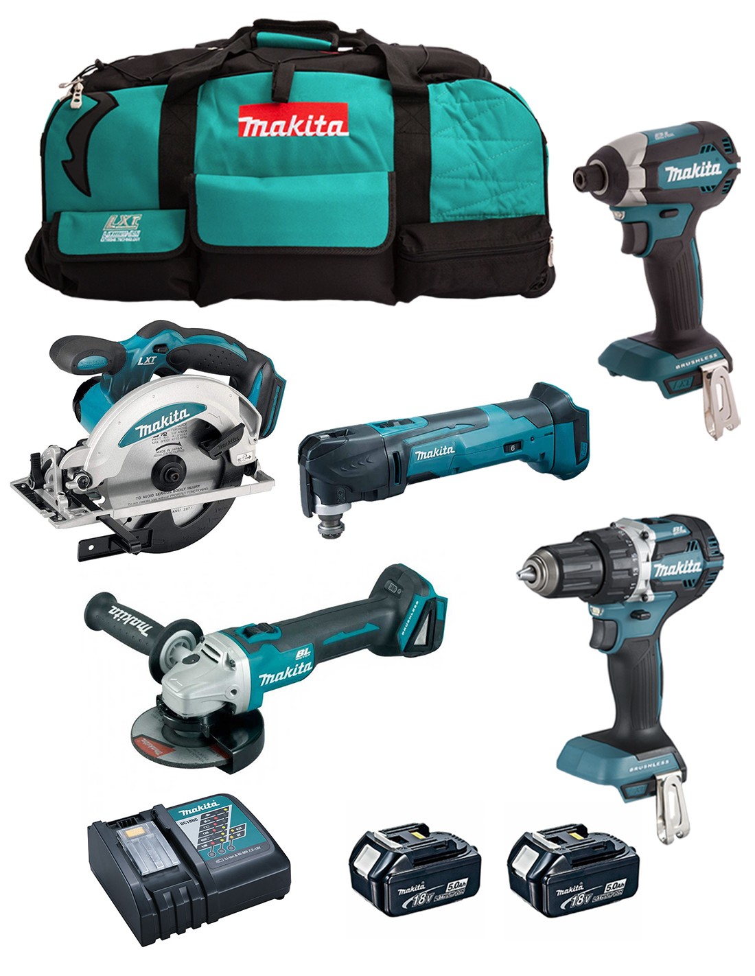 MAKITA Kit DLX5021TX1 (DDF484 + DGA504 + DSS610 + DTD153 + DTM51 + 2 x 5,0 Ah + DC18RC + LTX600)