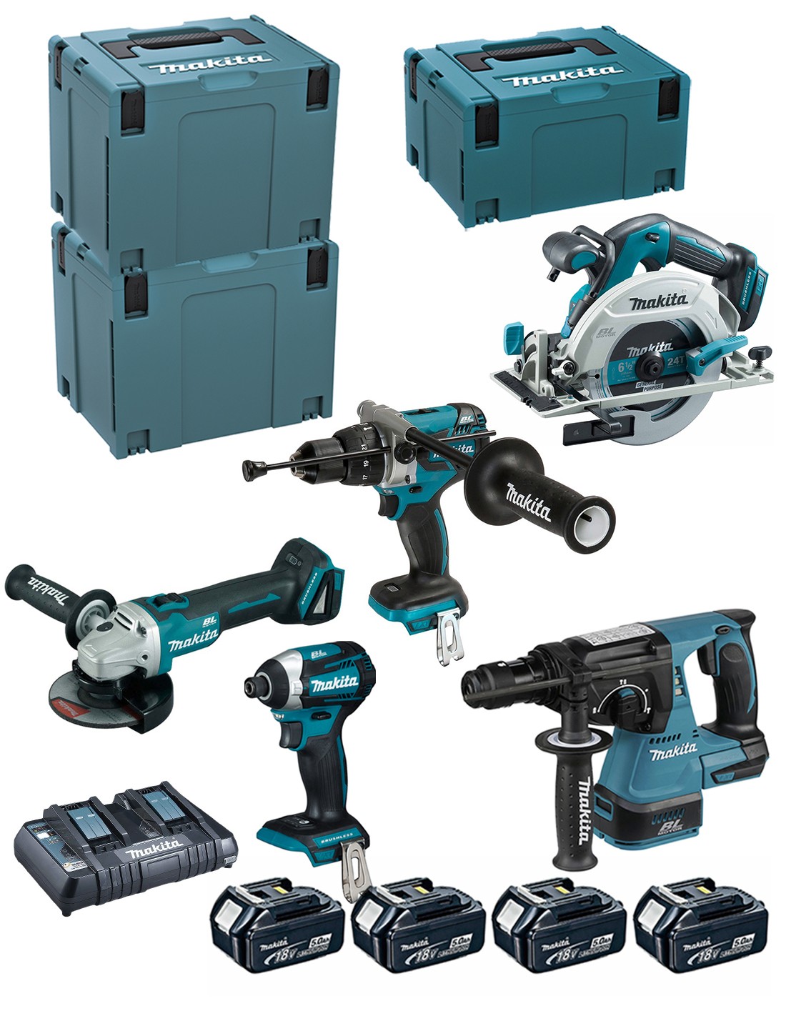 MAKITA Kit DLX5038PTJ (DHP481 + DTD154 + DGA506 + DHR243 + DHS680 + 4 x 5,0 Ah + DC18RD + MAKPAC 3 + 2 x MAKPAC 4)
