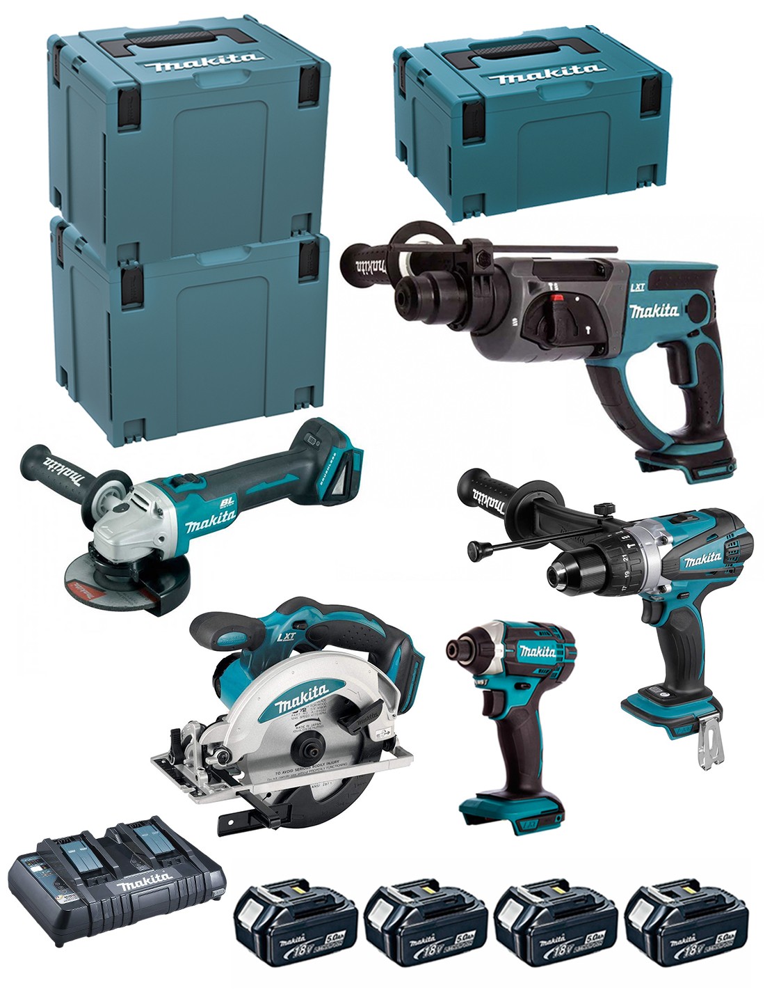 MAKITA Kit DLX5039PTJ (DHP458 + DHR202 + DGA504 + DSS610 + DTD152 + 4 x 5,0 Ah + DC18RD + MAKPAC 3 + 2 x MAKPAC 4)