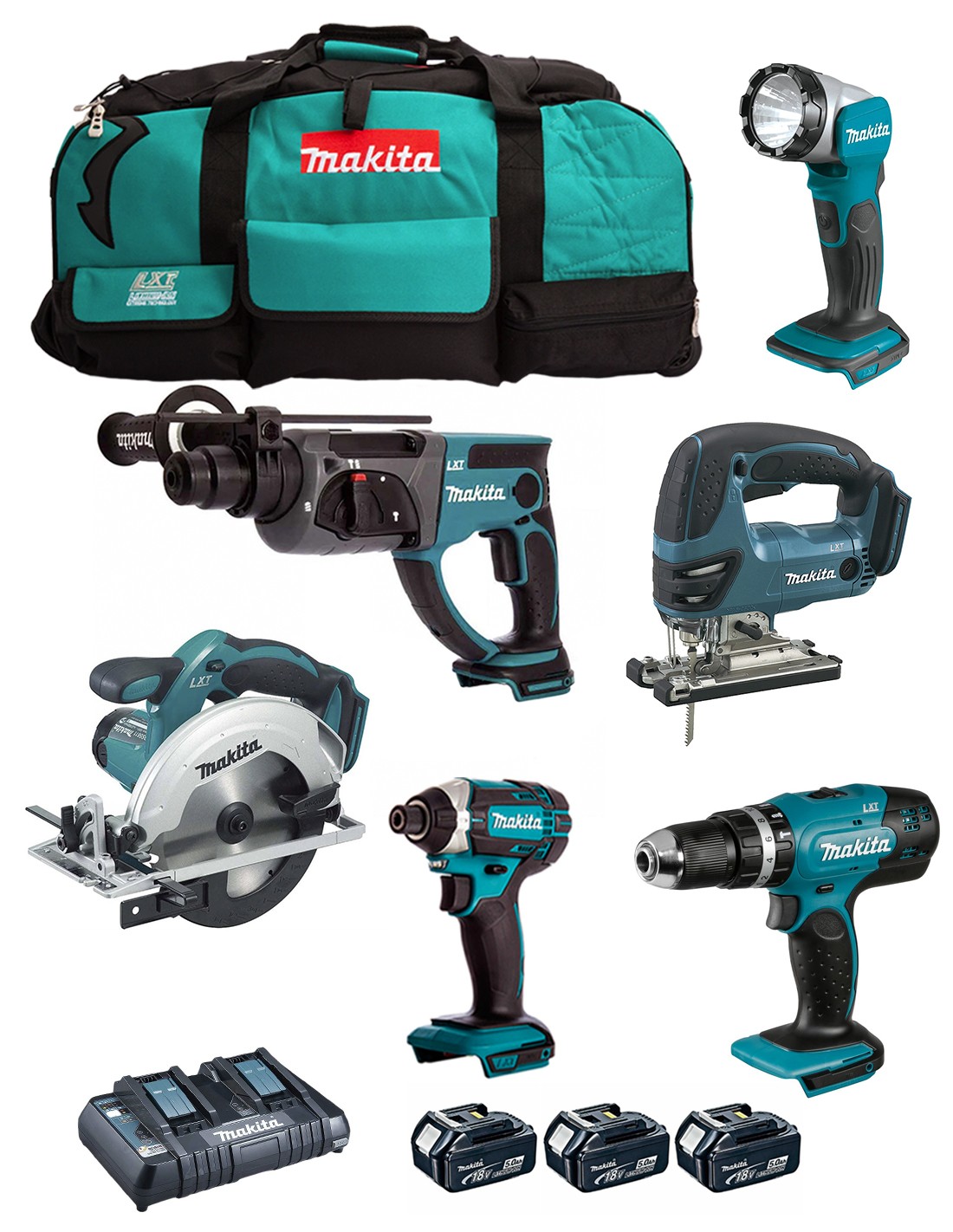 MAKITA Kit DLX6068PT (DHP453 + DTD152 + DHR202 + DJV180 + DSS611 + DML802 + 3 x 5,0 Ah + DC18RD + LXT600)