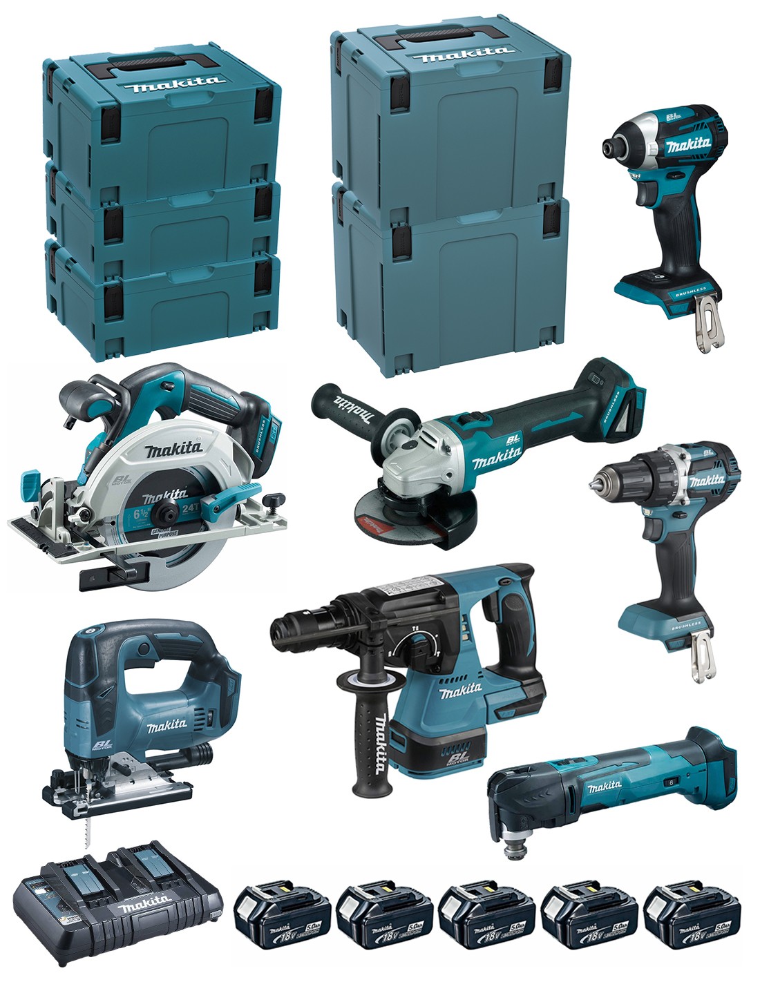 MAKITA Kit DLX7014PTJ (DDF484+DTD154 +DGA506+DHR243 +DTM51+DJV182 +DHS680 + 5x5,0Ah +DC18RD + 2xMAKPAC 2 +MAKPAC 3 + 2xMAKPAC 4)