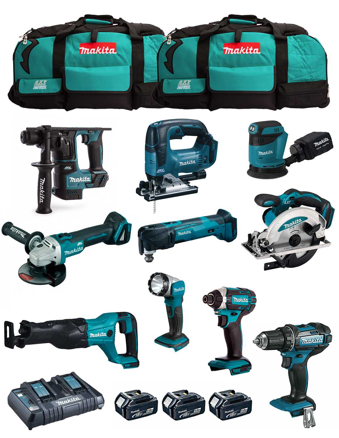 MAKITA Kit MK1001 (DDF482+ DHR171+ DGA504+ DTD152+ DJV182+ DSS610+ DJR186+ DBO180+ DTM51+ DML802+ 3x5,0Ah + DC18RD + 2xLXT600)