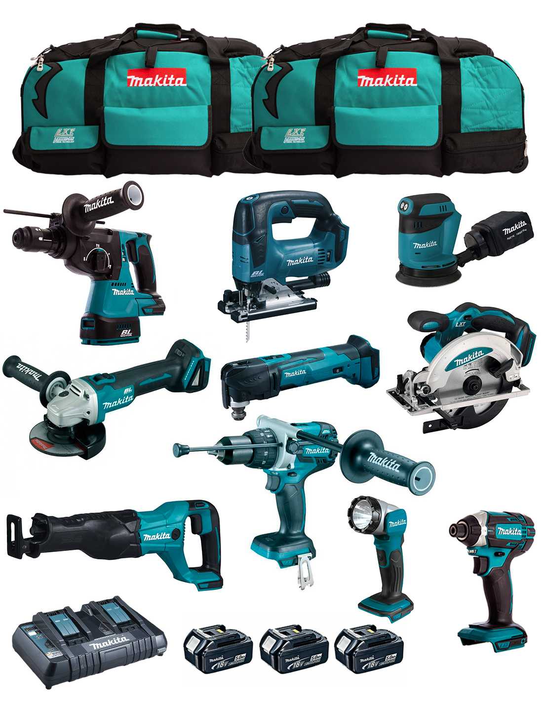 MAKITA Kit MK1002 (DHP481+ DHR243+ DGA504+ DTD152+ DJV182+ DSS610+ DJR186+ DBO180+ DTM51+ DML802+ 3x5,0Ah + DC18RD + 2xLXT600)