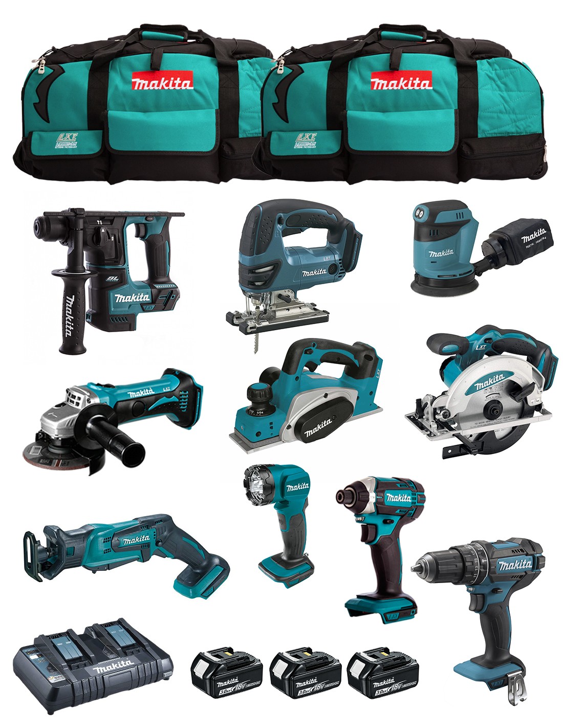 MAKITA Kit MK1003 (DHP482+ DTD152+ DHR171+ DGA452+ DJR183+ DBO180+ DJV180+ DSS610+ DML815+ DKP180+ 3x3,0Ah + DC18RD+ 2xLXT600)