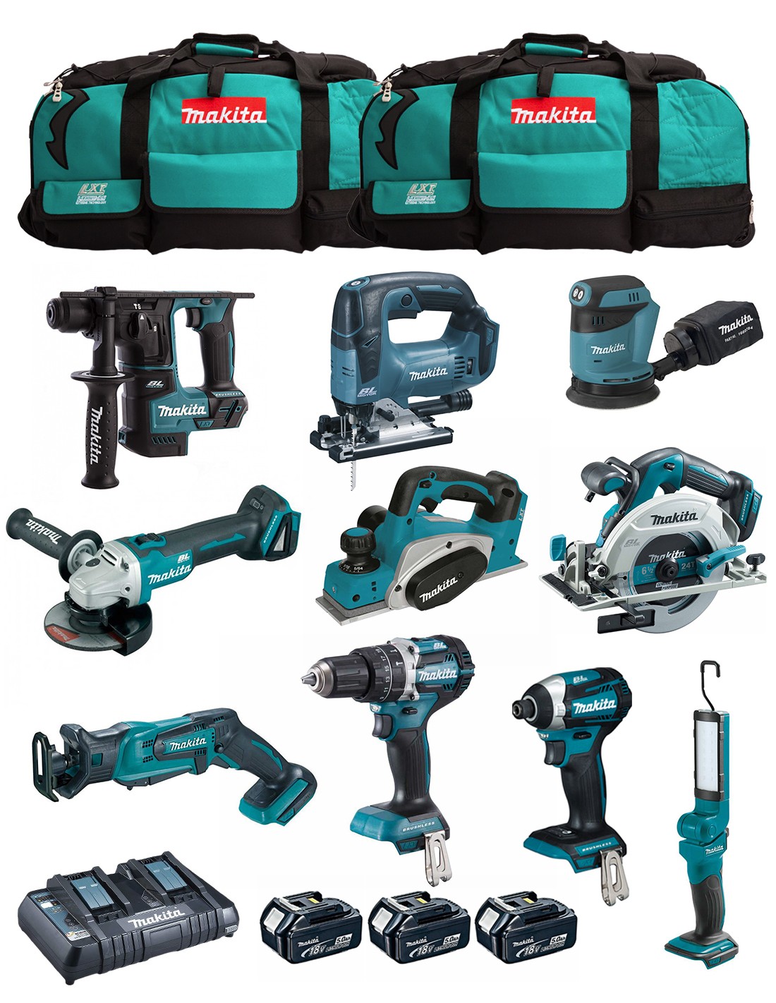 MAKITA Kit MK1004 (DHP484+ DTD154+ DHR171+ DGA504+ DJR183+ DBO180+ DJV182+ DHS680+ DML801+ DKP180+ 3x5,0Ah + DC18RD+ 2xLXT600)