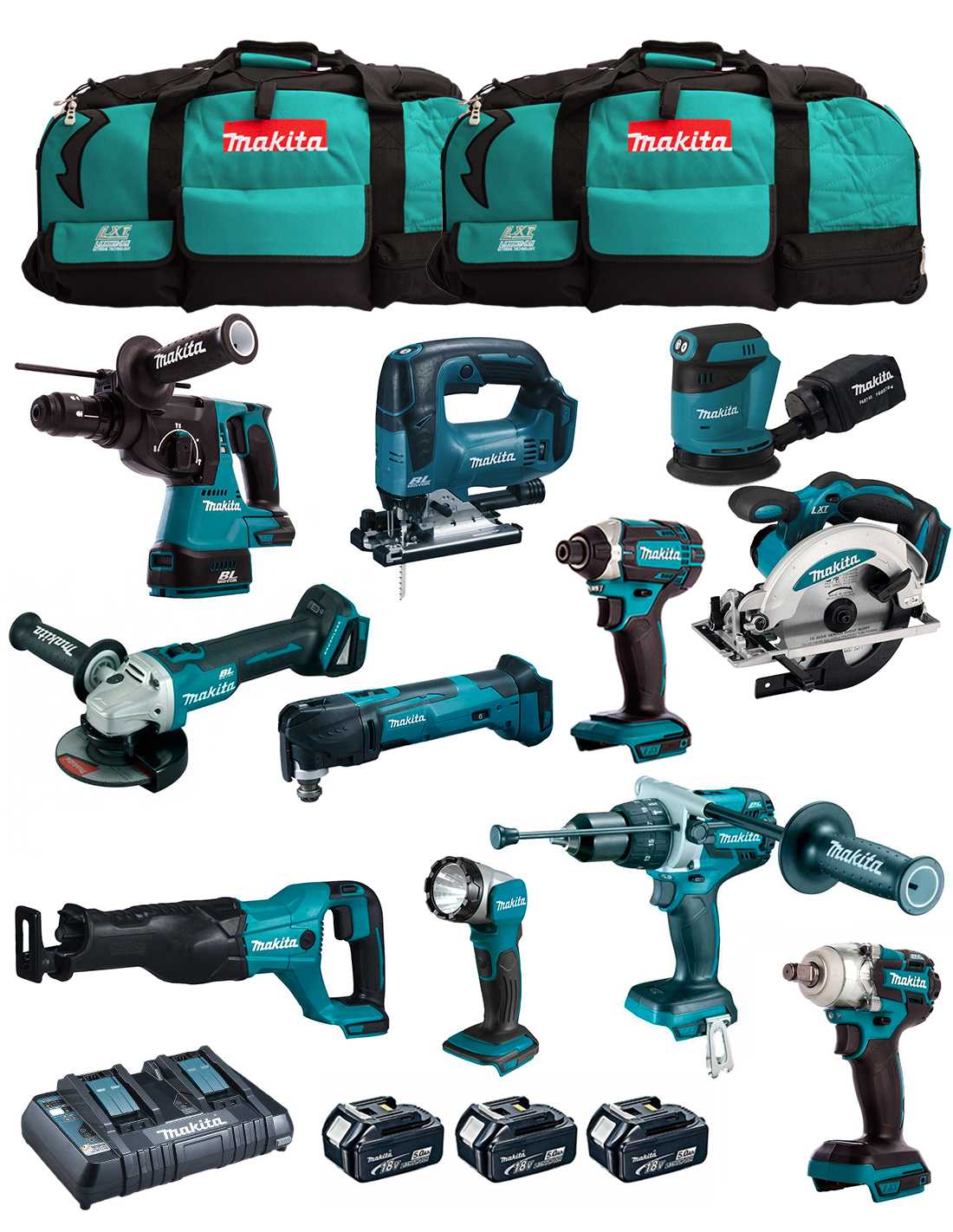 MAKITA Kit MK1102 (DHP481+DHR243+ DGA504+ DTD152+ DJV182+ DSS610+ DJR186+ DBO180+ DTM51+ DML802+ DTW285+3x5,0Ah+DC18RD+2xLXT600)