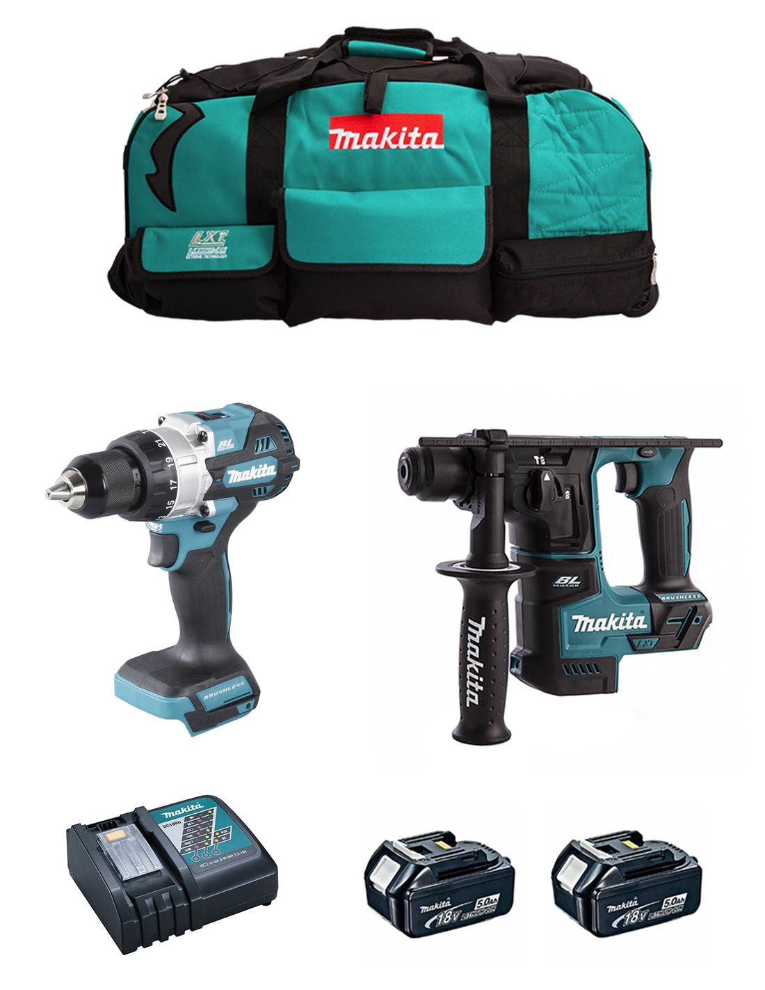MAKITA Kit MK216 (DHP486 + DHR171 + 2 x 5,0 Ah + DC18RC + LXT600)