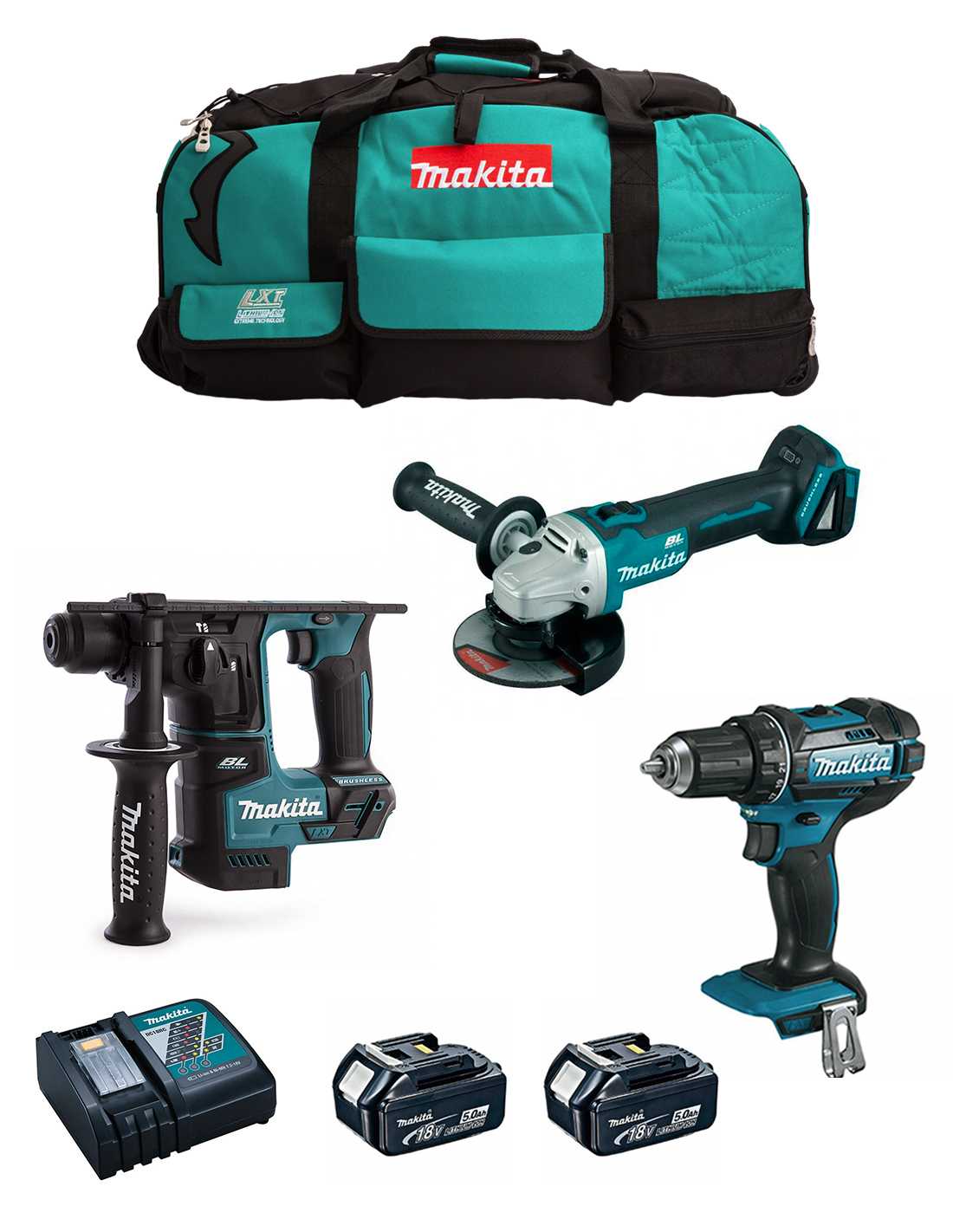 MAKITA Kit MK301 (DDF482 + DHR171 + DGA504 + 2 x 5,0 Ah + DC18RC + LXT600)