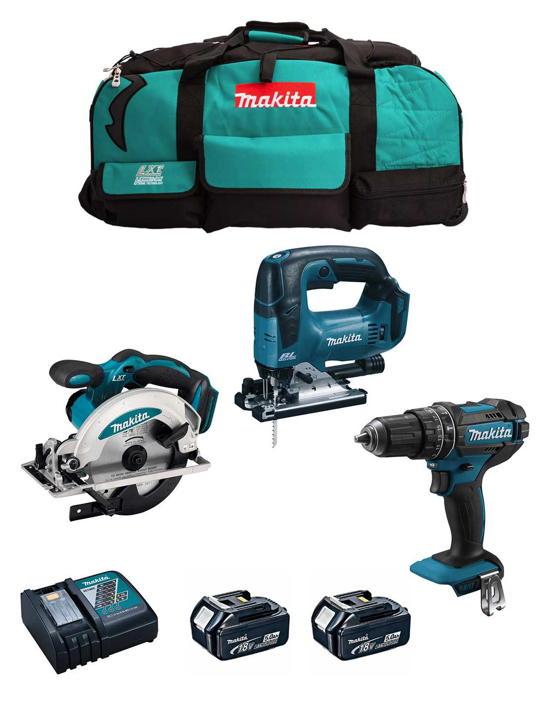 MAKITA Kit MK302 (DHP482 + DSS610 + DJV182 + 2 x 5,0 Ah + DC18RC + LXT600)