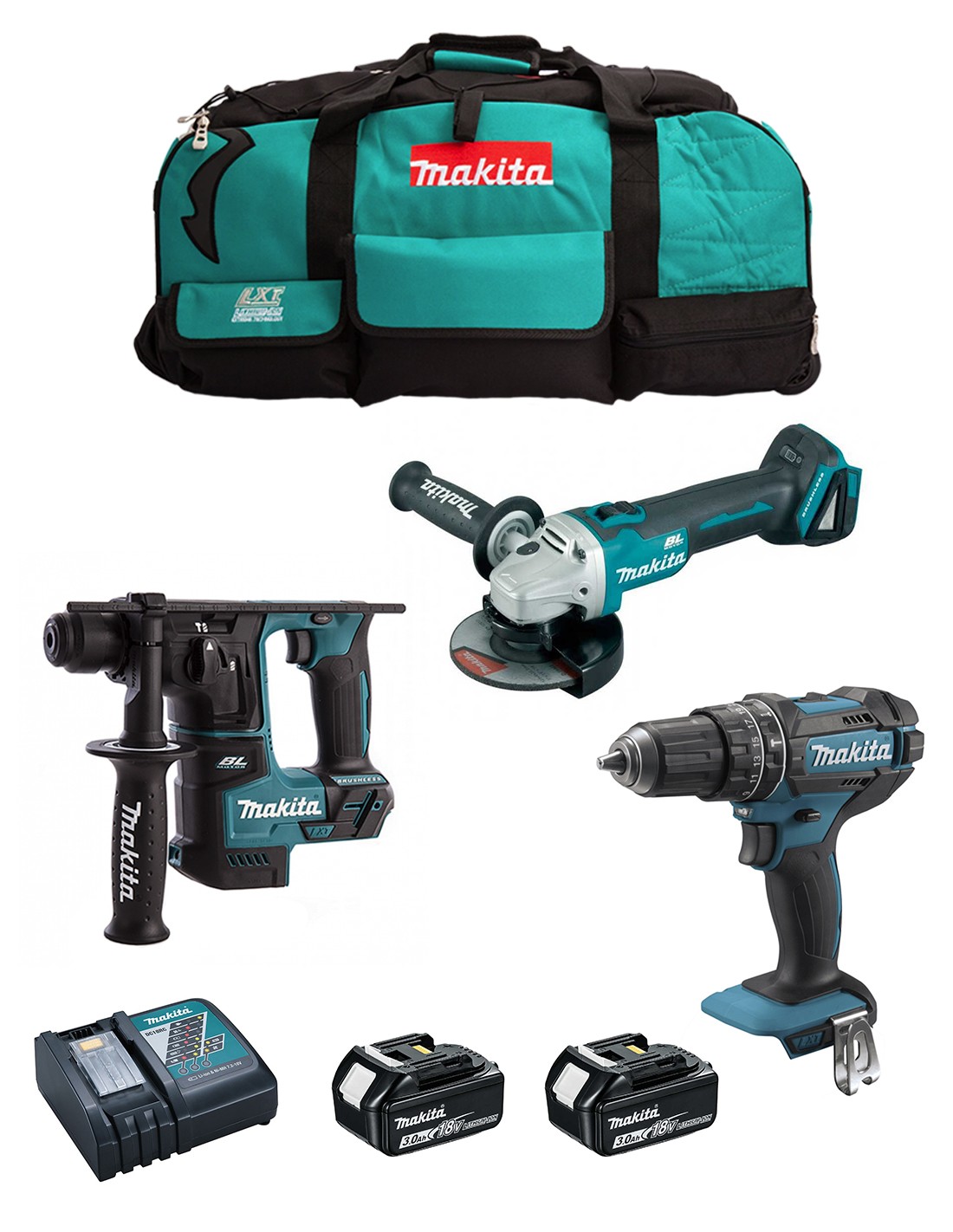 MAKITA Kit MK305 (DHP482 + DHR171 + DGA504 + 2 x 3,0 Ah + DC18RC + LXT600)