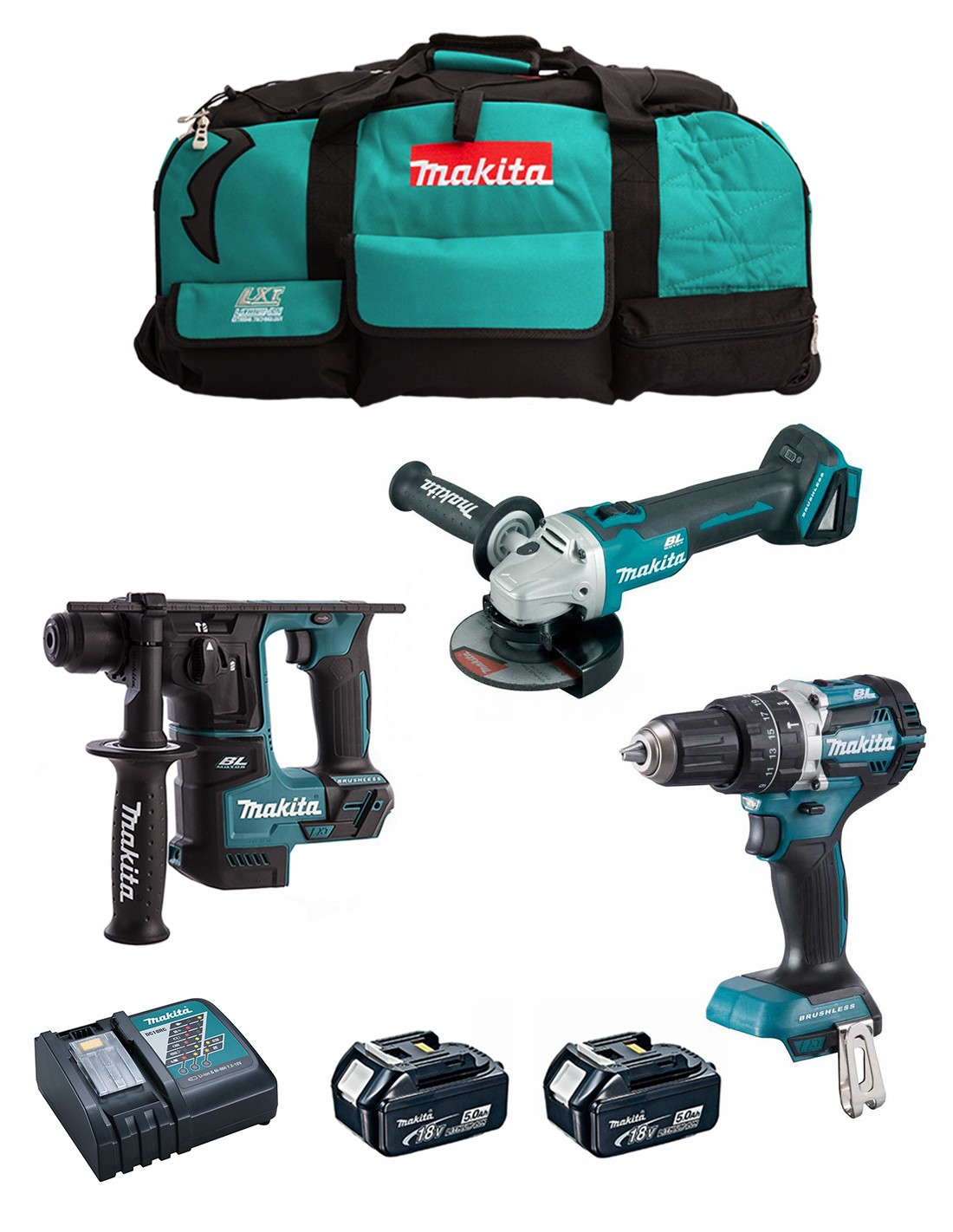 MAKITA Kit MK307 (DHP484 + DHR171 + DGA504 + 2 x 5,0 Ah + DC18RC + LXT600)
