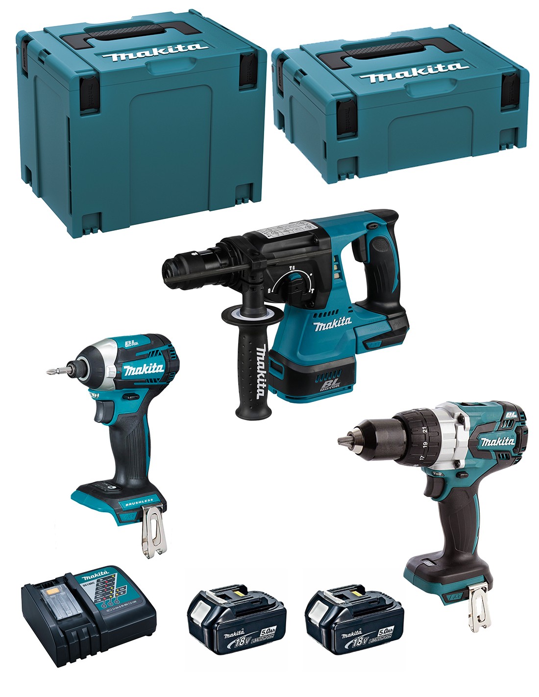 MAKITA Kit MK308RTJ (DHR243 + DHP481 + DTD154 + 2  x 5,0 Ah + DC18RC + MAKPAC 2 + MAKPAC 4)