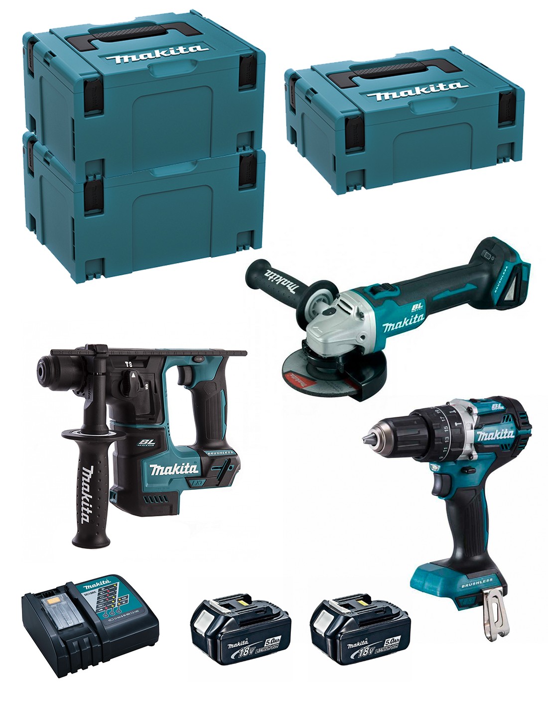 MAKITA Kit MK309RTJ (DHR171 + DHP484 + DGA504 + 2 x 5,0 Ah + DC18RC + MAKPAC 2 + 2 x MAKPAC 3)
