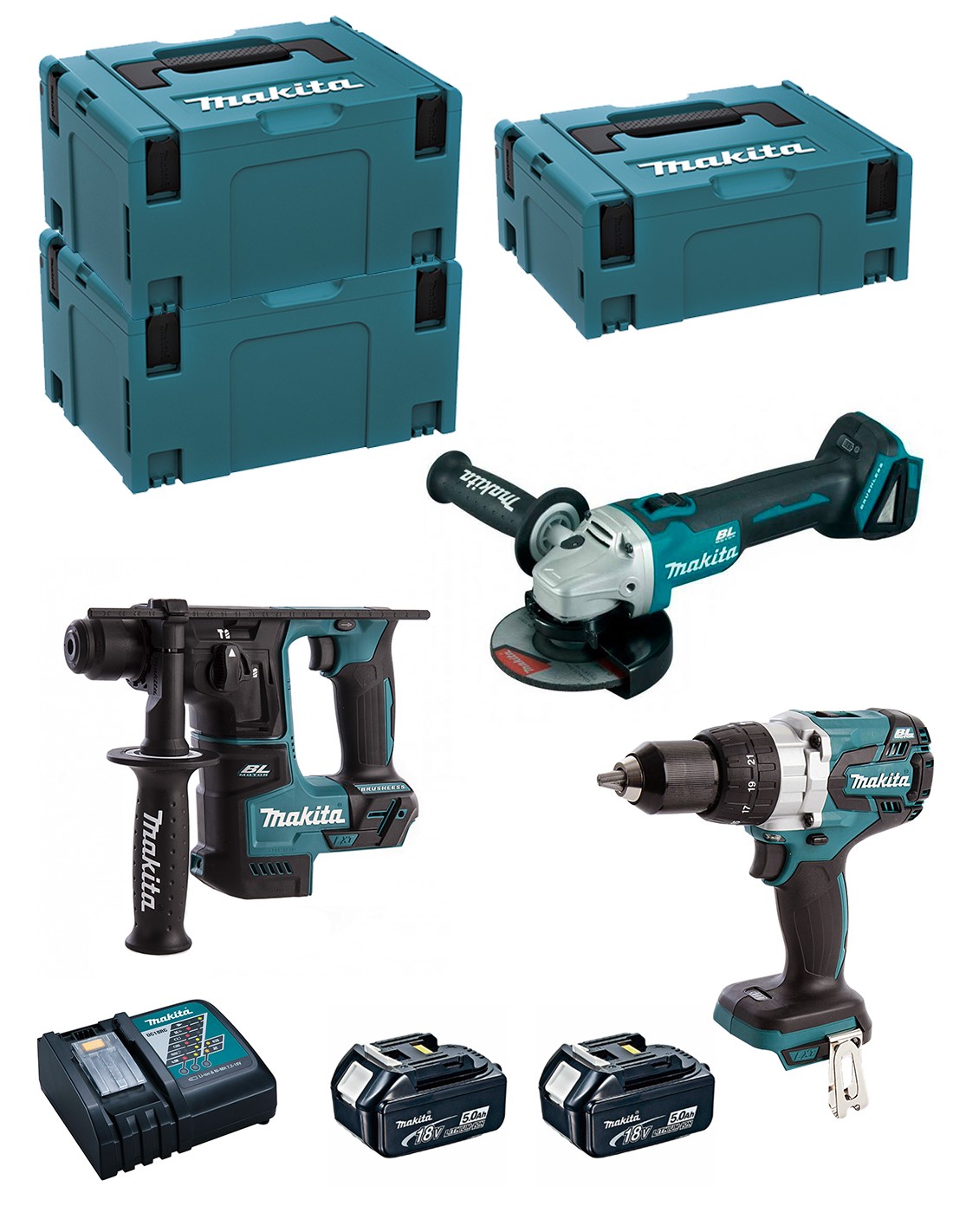 MAKITA Kit MK310RTJ (DHR171 + DHP481 + DGA504 + 2 x 5,0 Ah + DC18RC + MAKPAC 2 + 2 x MAKPAC 3)