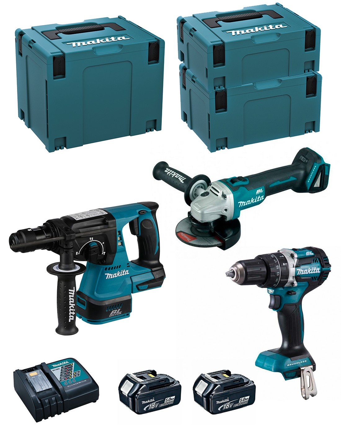 MAKITA Kit MK311RTJ (DHR243 + DHP484 + DGA504 + 2 x 5,0 Ah + DC18RC + MAKPAC 2 + MAKPAC 3 + MAKPAC 4)
