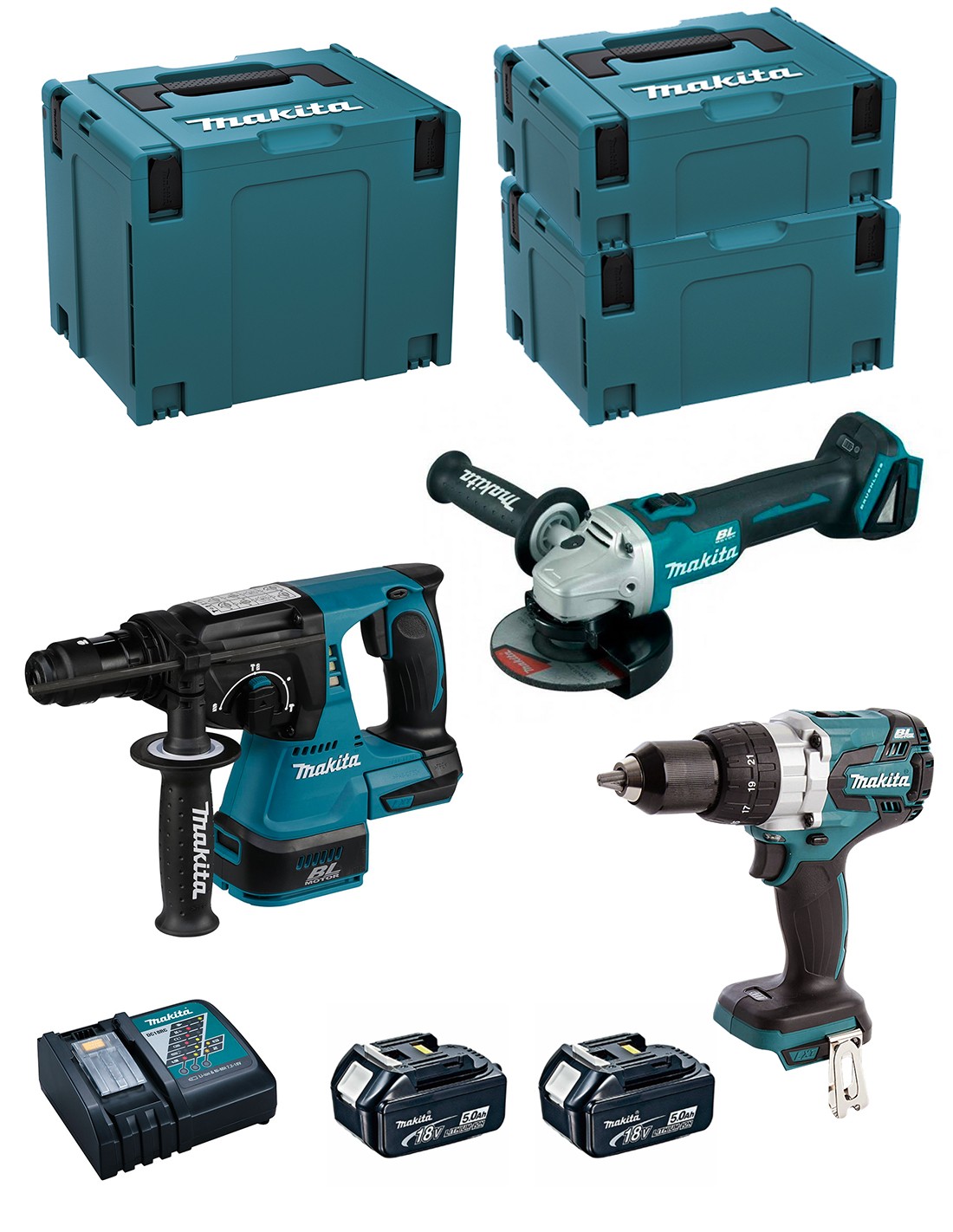 MAKITA Kit MK312RTJ (DHR243 + DHP481 + DGA504 + 2 x 5,0 Ah + DC18RC + MAKPAC 2 + MAKPAC 3 + MAKPAC 4)