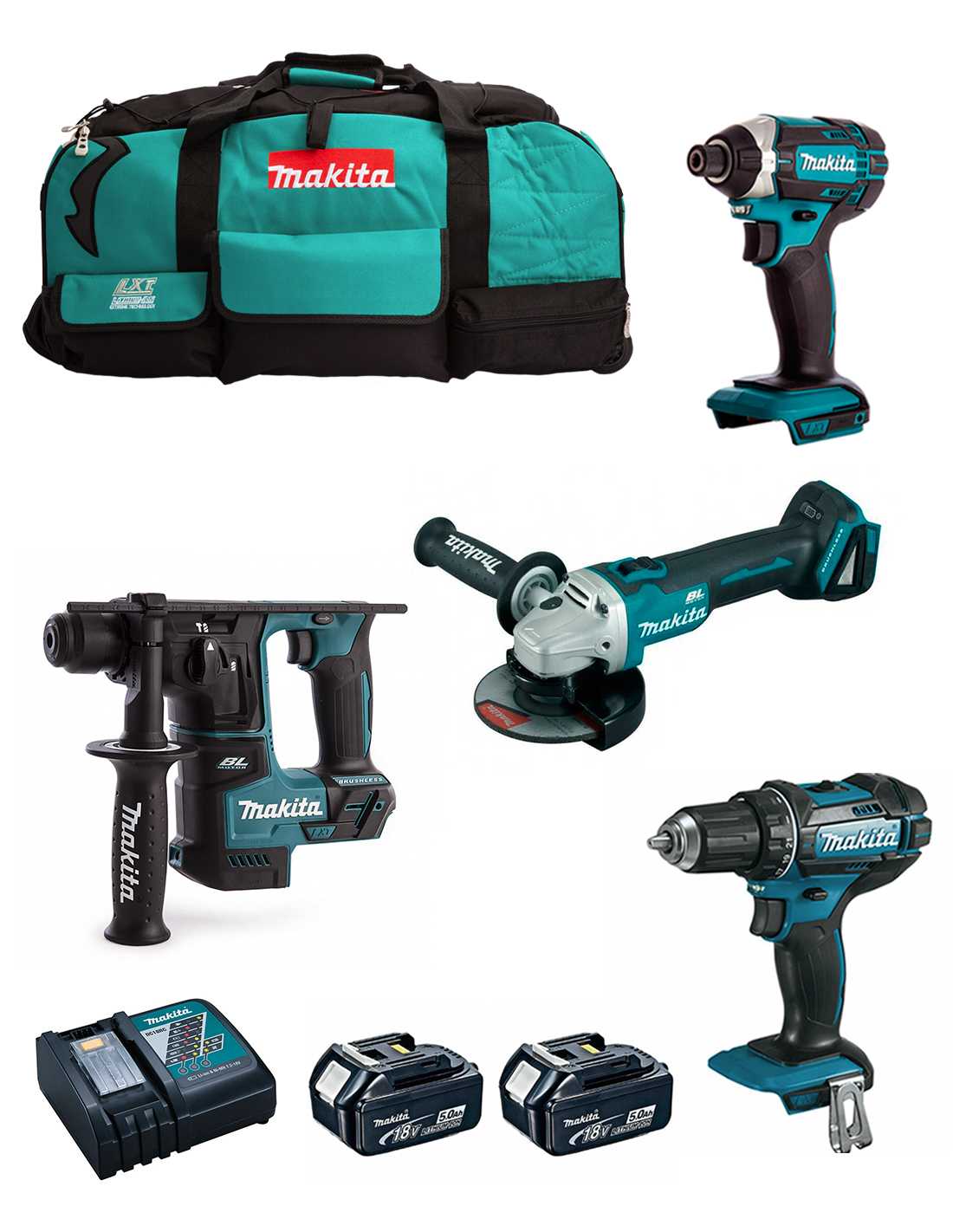 MAKITA Kit MK401 (DDF482 + DHR171 + DGA504 + DTD152 + 2 x 5,0 Ah + DC18RC + LXT600)