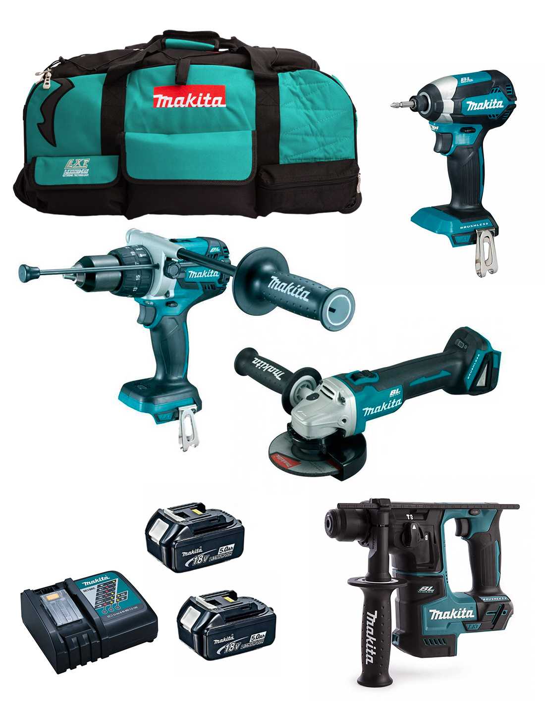 MAKITA Kit MK402 (DHP481 + DHR171 + DGA504 + DTD153 + 2 x 5,0 Ah + DC18RC + LXT600)