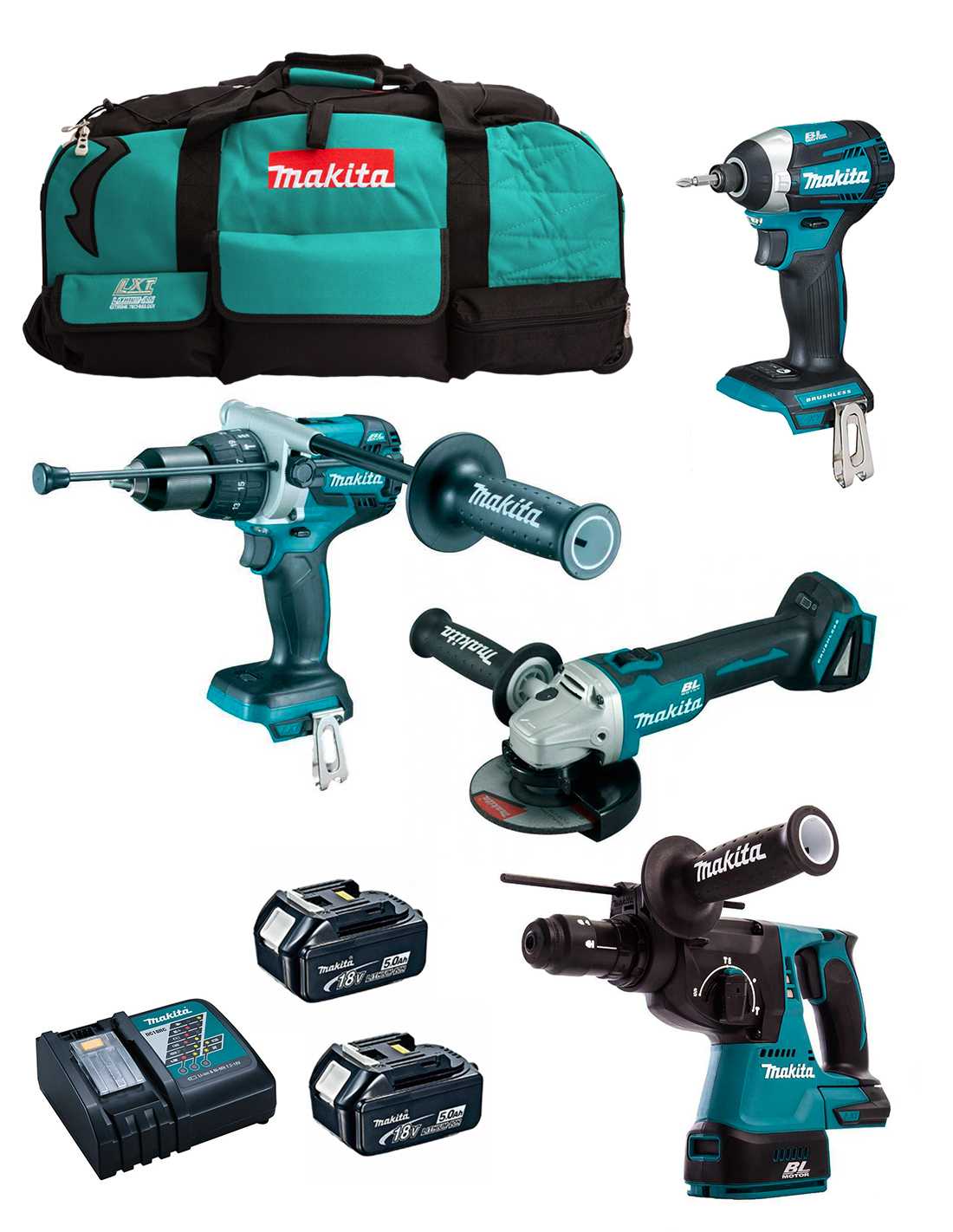 MAKITA Kit MK403 (DHP481 + DHR243 + DGA504 + DTD154 + 2 x 5,0 Ah + DC18RC + LXT600)