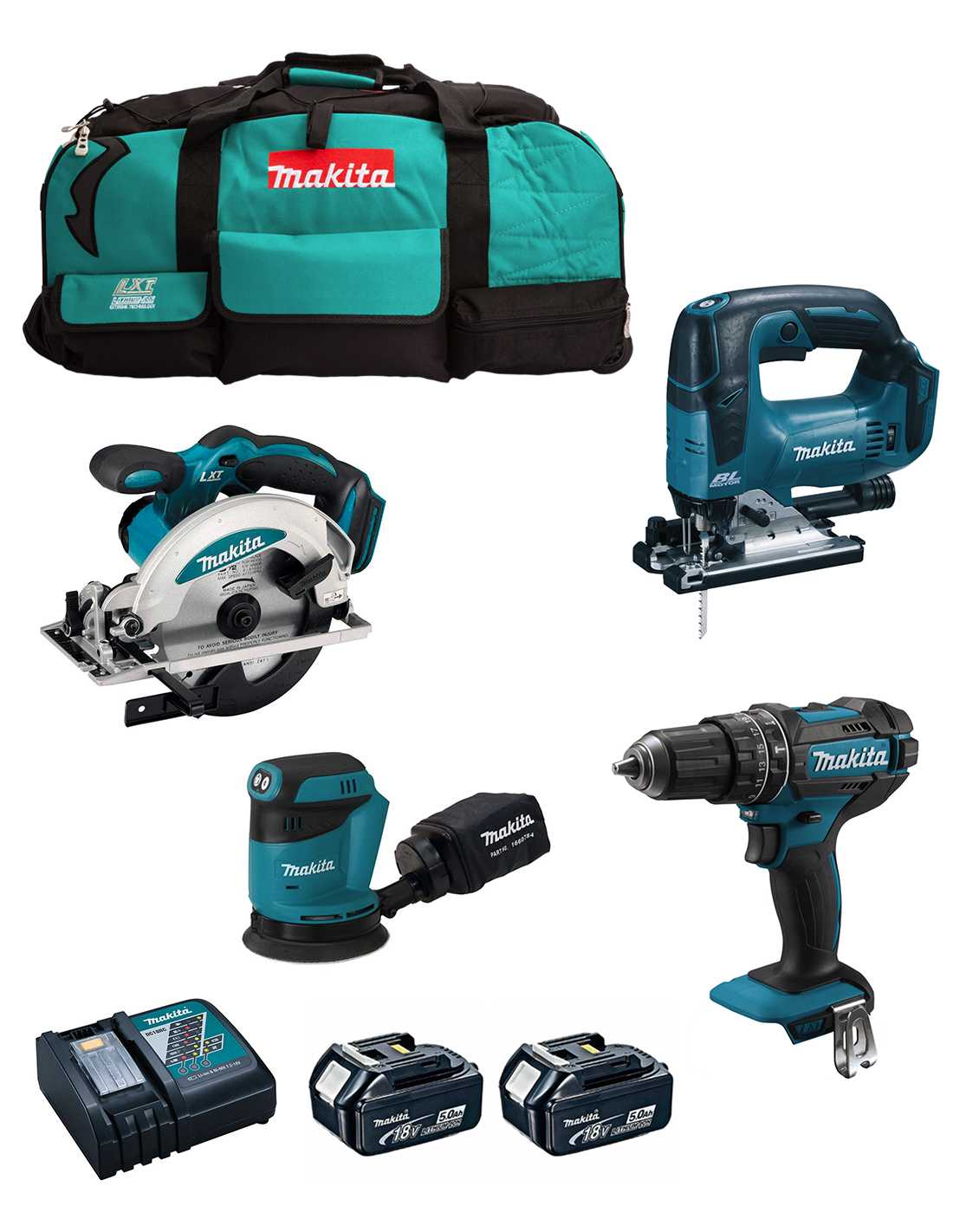 MAKITA Kit MK404 (DHP482 + DSS610 + DJV182 + DBO180 + 2 x 5,0 Ah + DC18RC + LXT600)