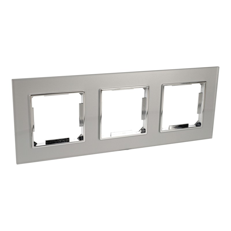 Marco para Interruptores y Enchufes 3 Módulos Cristal templado Plateado
