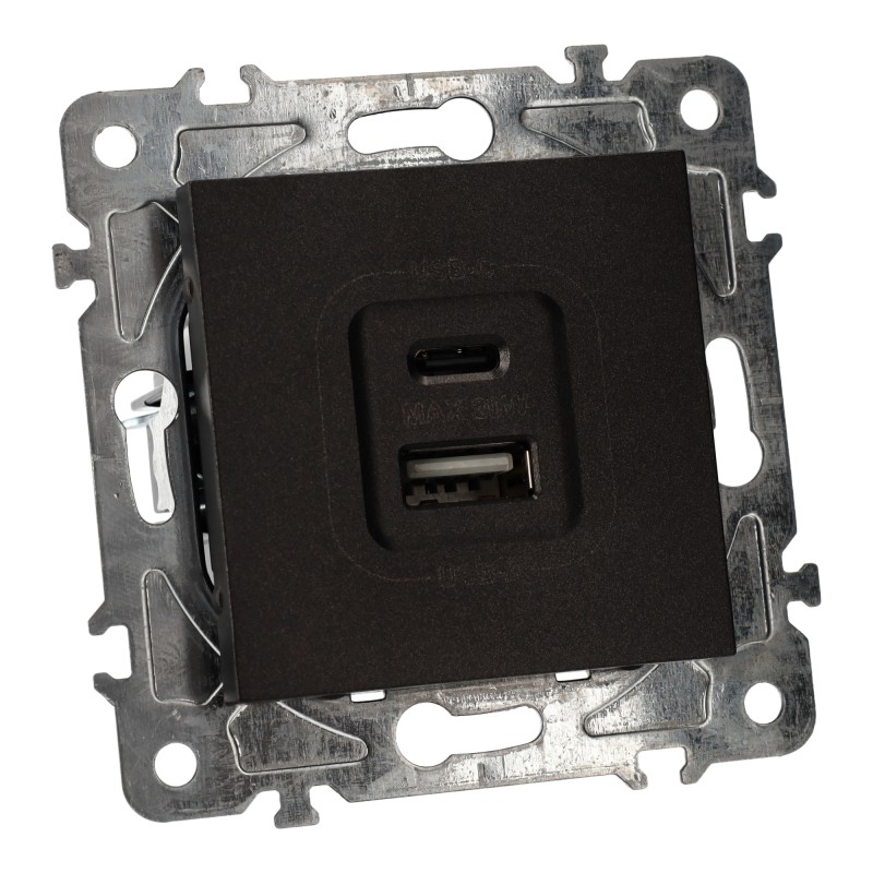 Mecanismo de enchufe USB tipo A + C Carga rápida, Policarbonato Negro