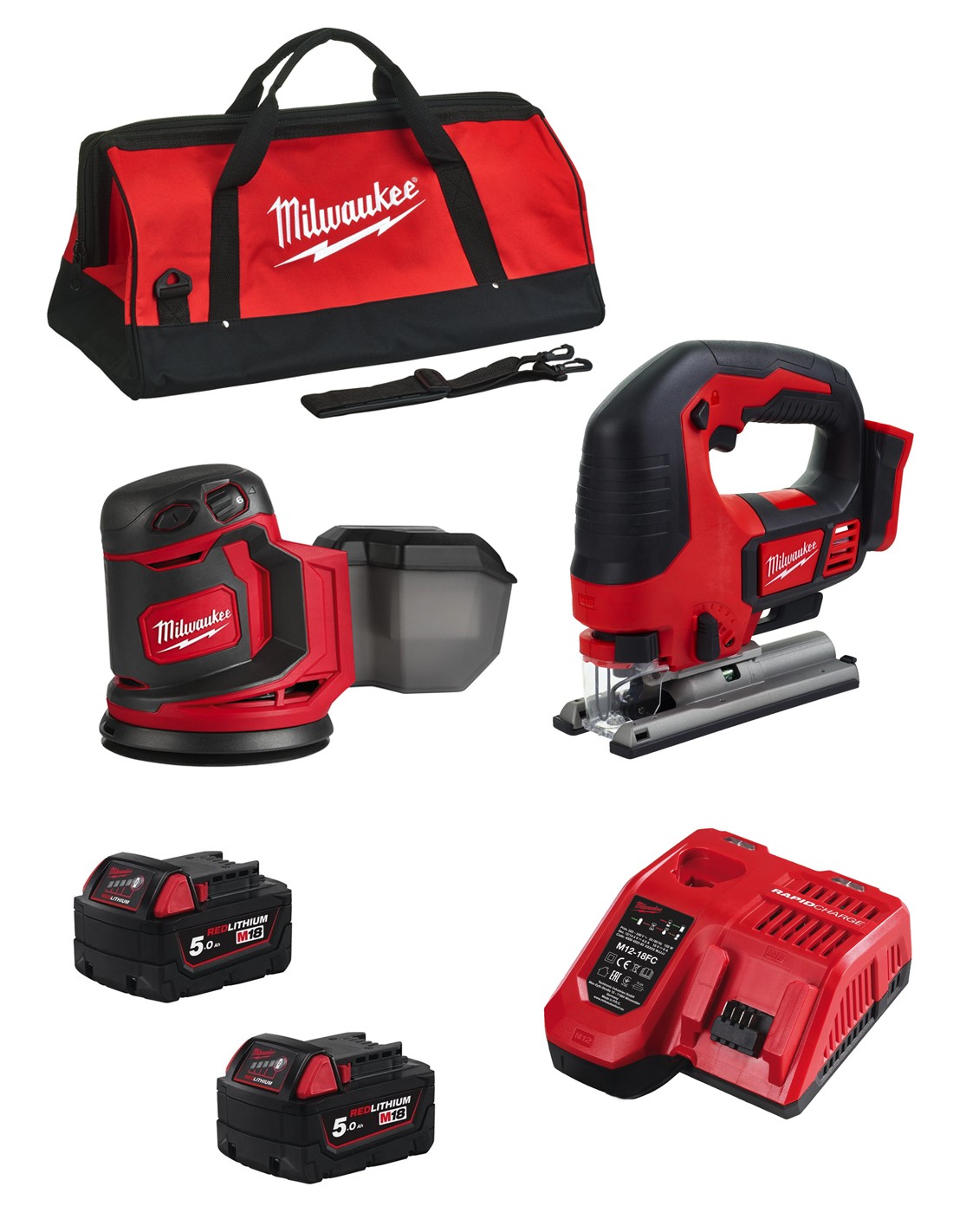 MILWAUKEE Kit MWK203BAG (M18BJS + M18BOS125 + 2 x 5,0 Ah + M12-18FC + Bolsa de transporte)