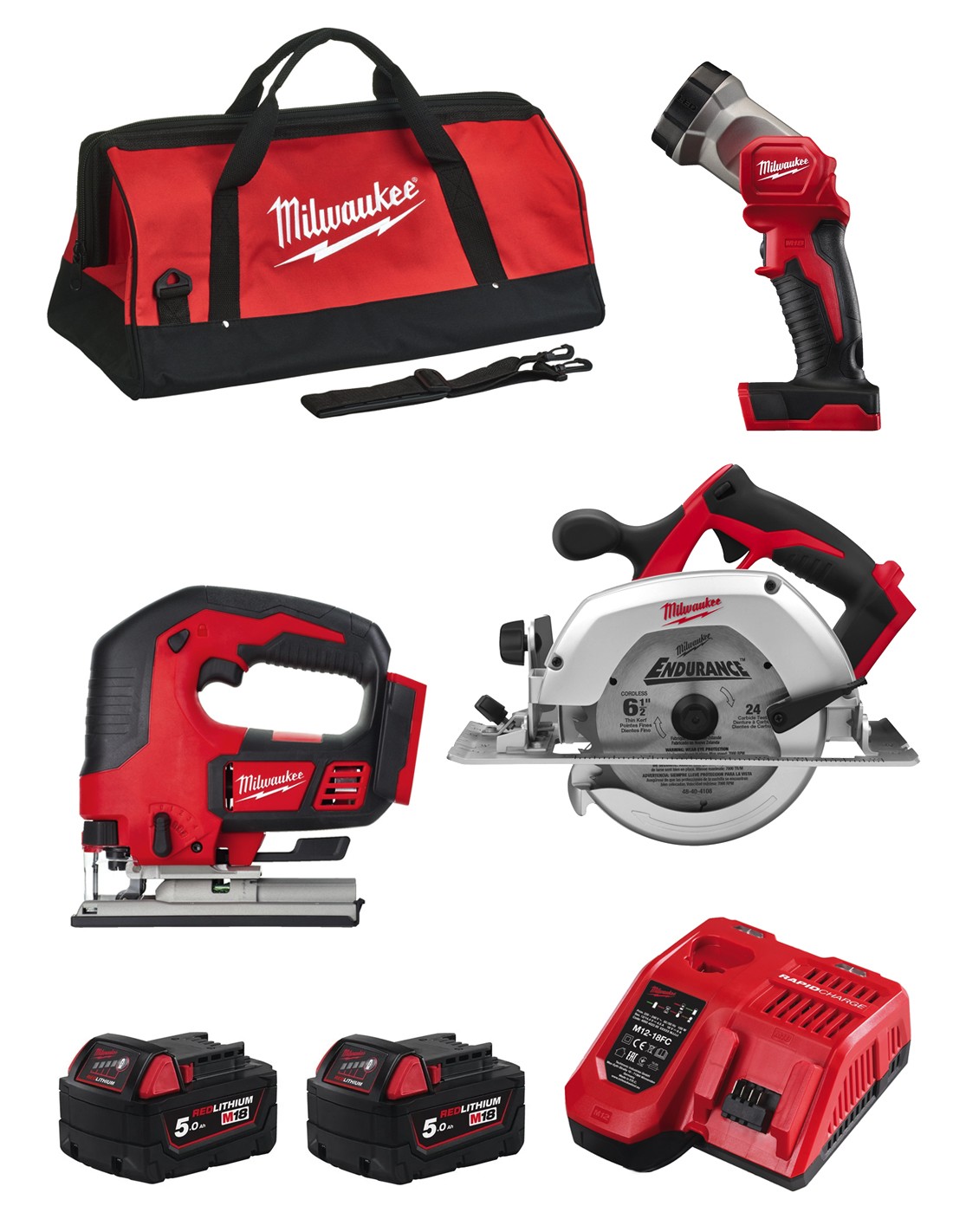 MILWAUKEE Kit MWK304BAG (HD18CS + M18BJS + M18TLED + 2 x 5,0 Ah + M12-18FC + Bolsa de transporte)