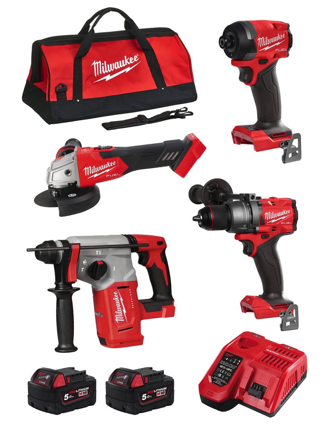 MILWAUKEE Kit MWK401BAG (M18BLH + M18FID3 + M18FPD3 + M18FSAG125XB + 2 x 5,0 Ah + M12-18FC + Bolsa de transporte)