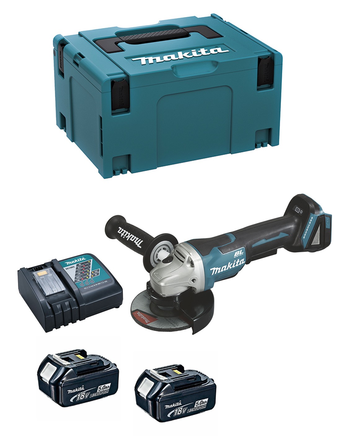 Mini-Amoladora MAKITA DGA508RTJ (2 x 5,0 Ah + DC18RC + MAKPAC 3)