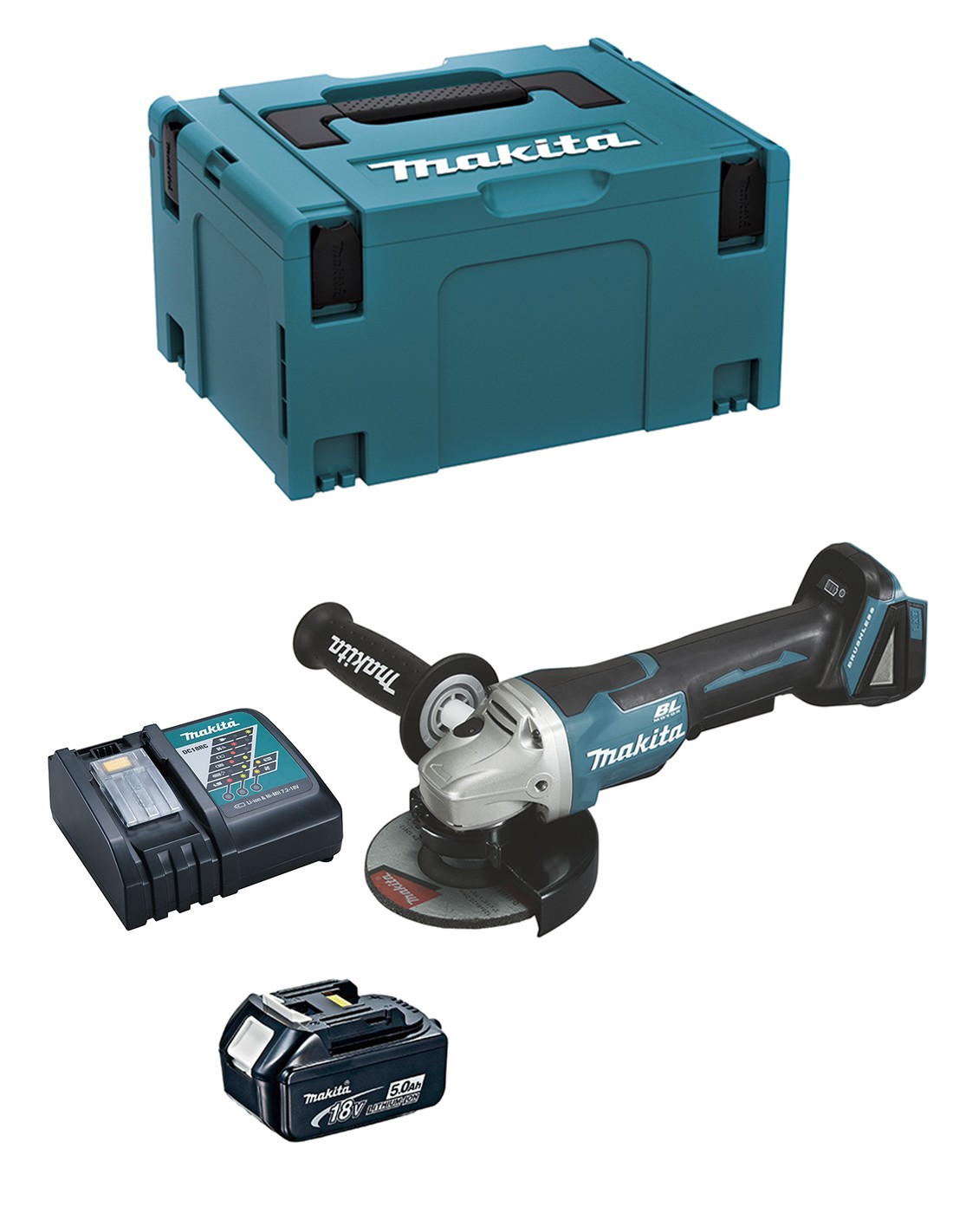 Mini-Amoladora MAKITA DGA508RTJ1 (1 x 5,0 Ah + DC18RC + MAKPAC 3)