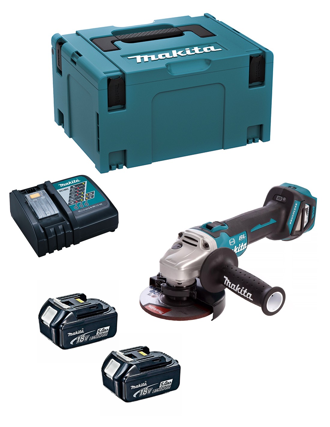 Mini-Amoladora MAKITA DGA513RTJ (2 x 5,0 Ah + DC18RC + MAKPAC 3)